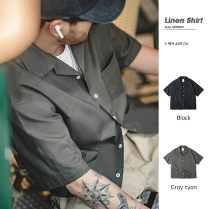 Cuban Collar Linen Shirt Man Japanese Retro Loose Male Clothing