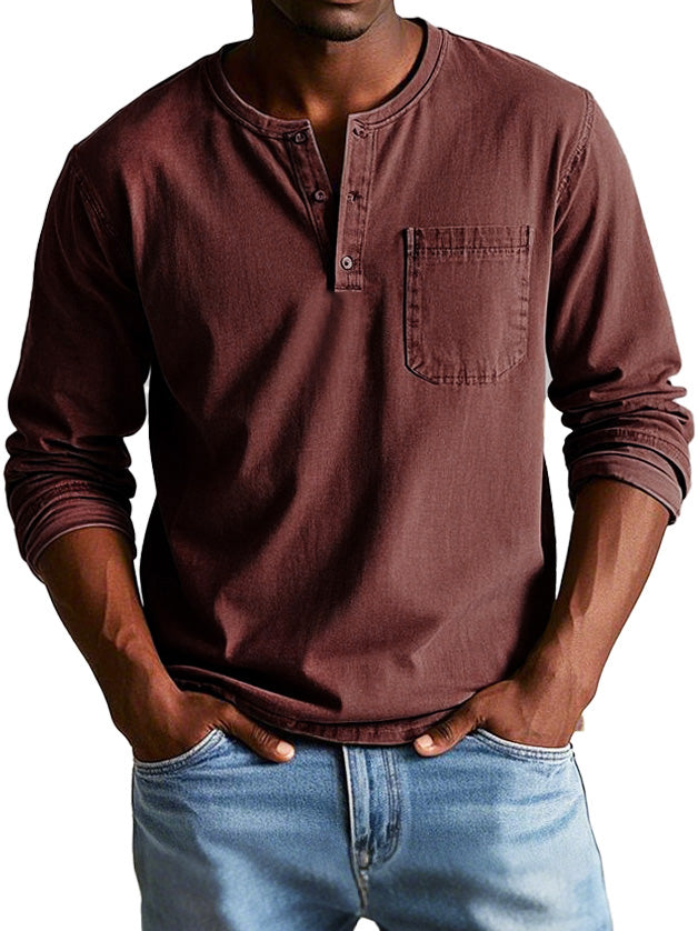 Men's Fashion Vintage Distressed Pocket Long Sleeve Henley Shirt