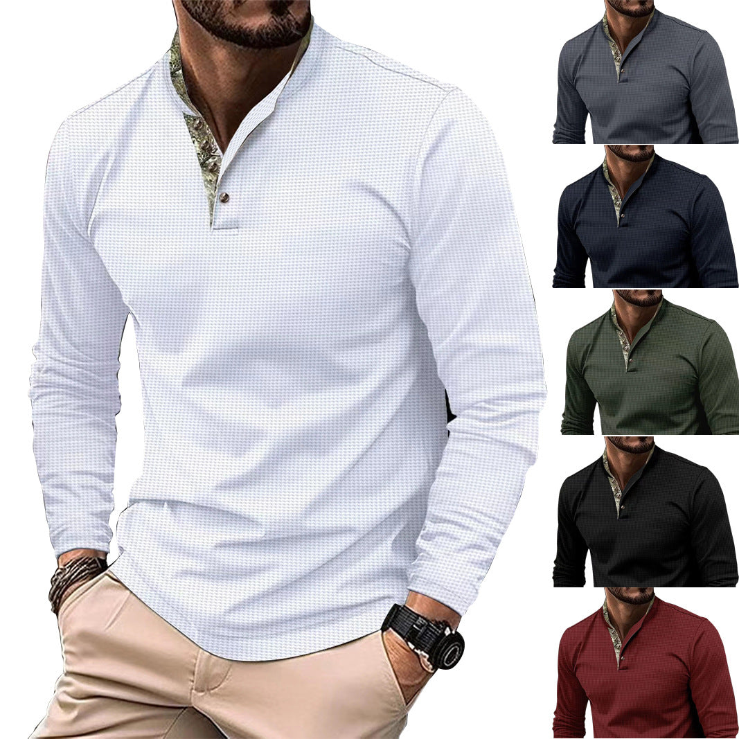 Men's Lapel Fashion Solid Color Waffle Long Sleeve Men's T-Shirt