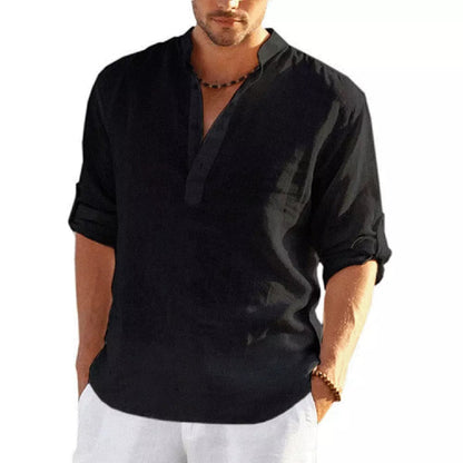 Men's Casual Blouse Cotton Linen Shirt Loose Tops Long Sleeve