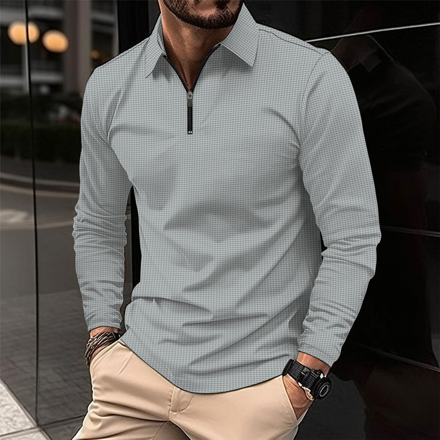 Men's Lapel Fashion Solid Color Waffle Long Sleeve Men's T-Shirt