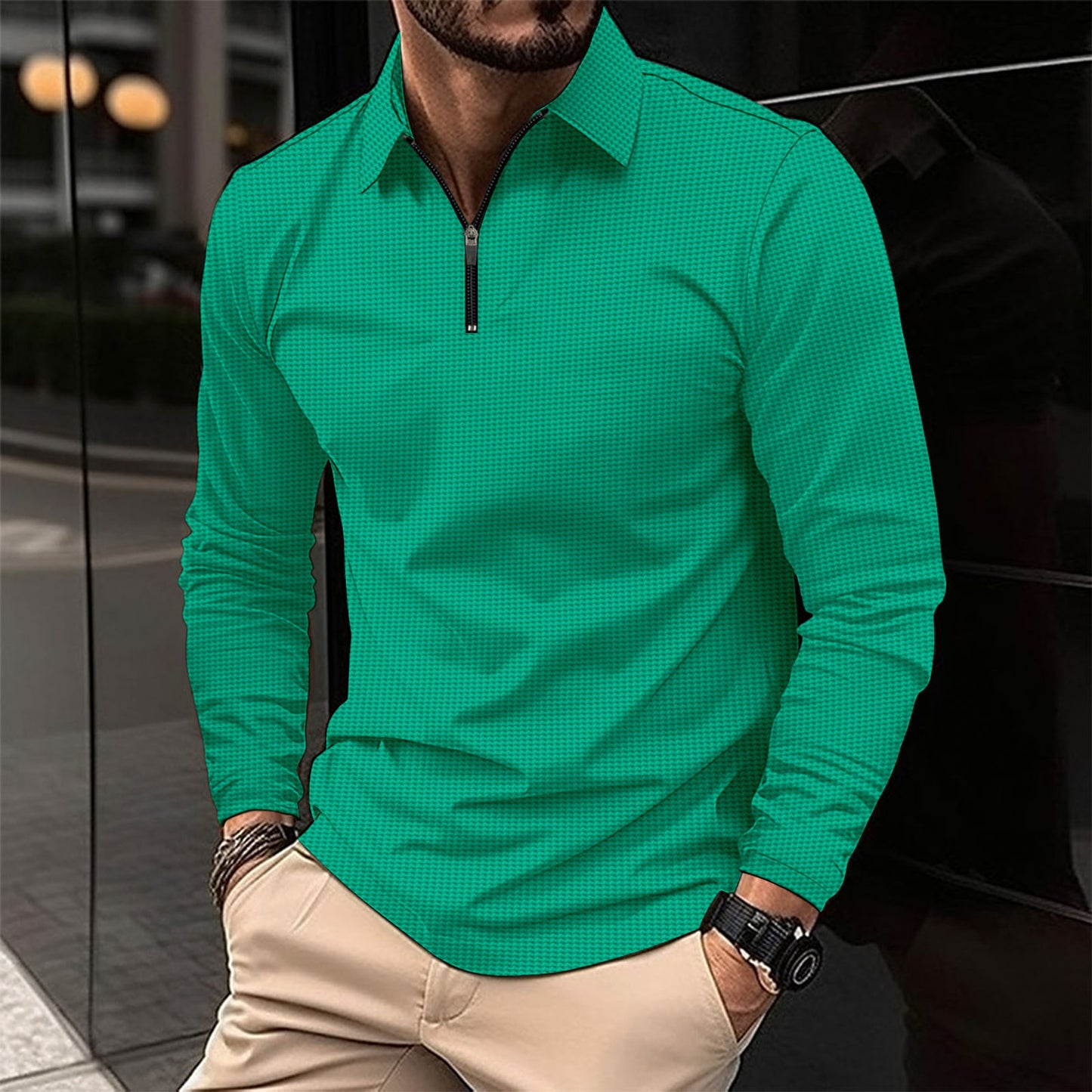 Men's Lapel Fashion Solid Color Waffle Long Sleeve Men's T-Shirt