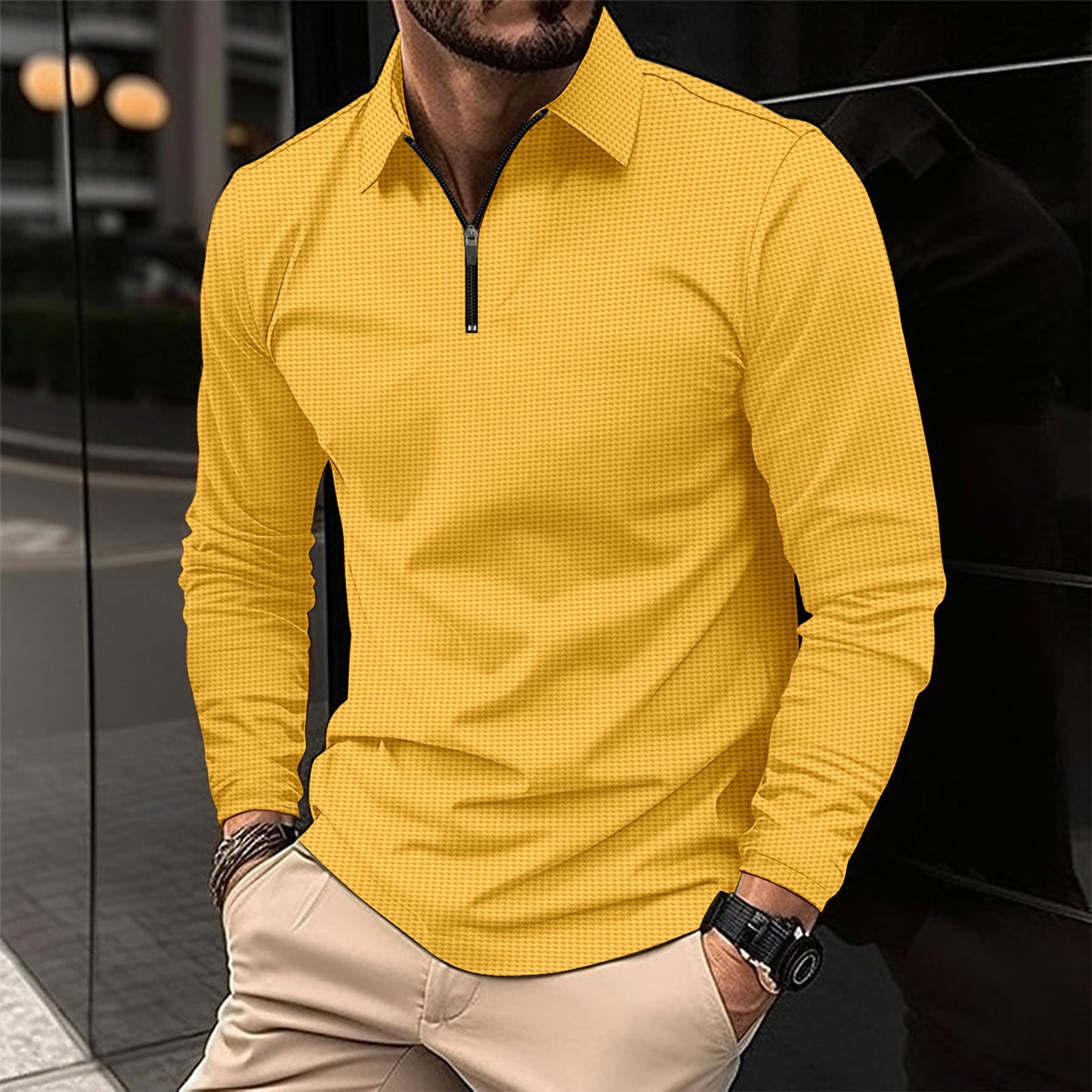 Men's Lapel Fashion Solid Color Waffle Long Sleeve Men's T-Shirt