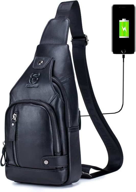 12 Men's Leather Multi-Pocket Crossbody Chest Bag