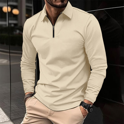 Men's Lapel Fashion Solid Color Waffle Long Sleeve Men's T-Shirt