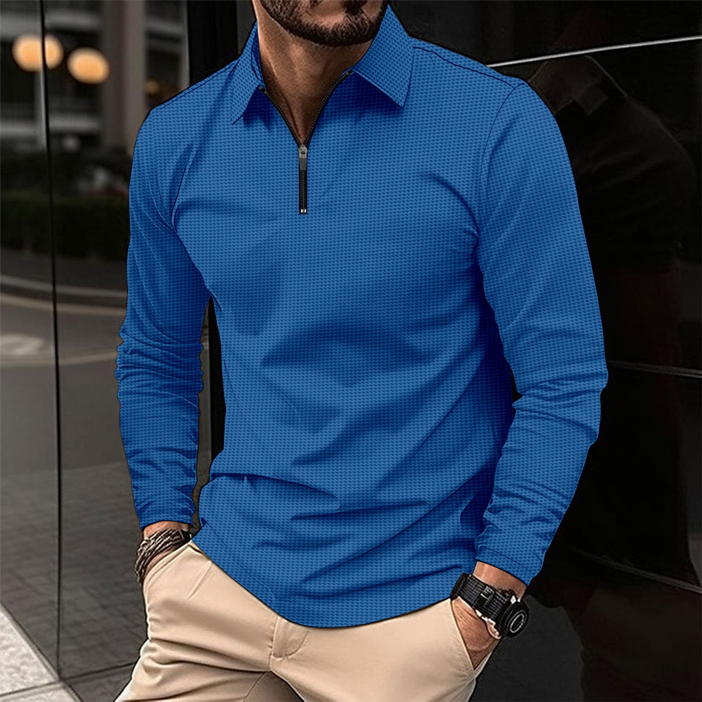 Men's Lapel Fashion Solid Color Waffle Long Sleeve Men's T-Shirt