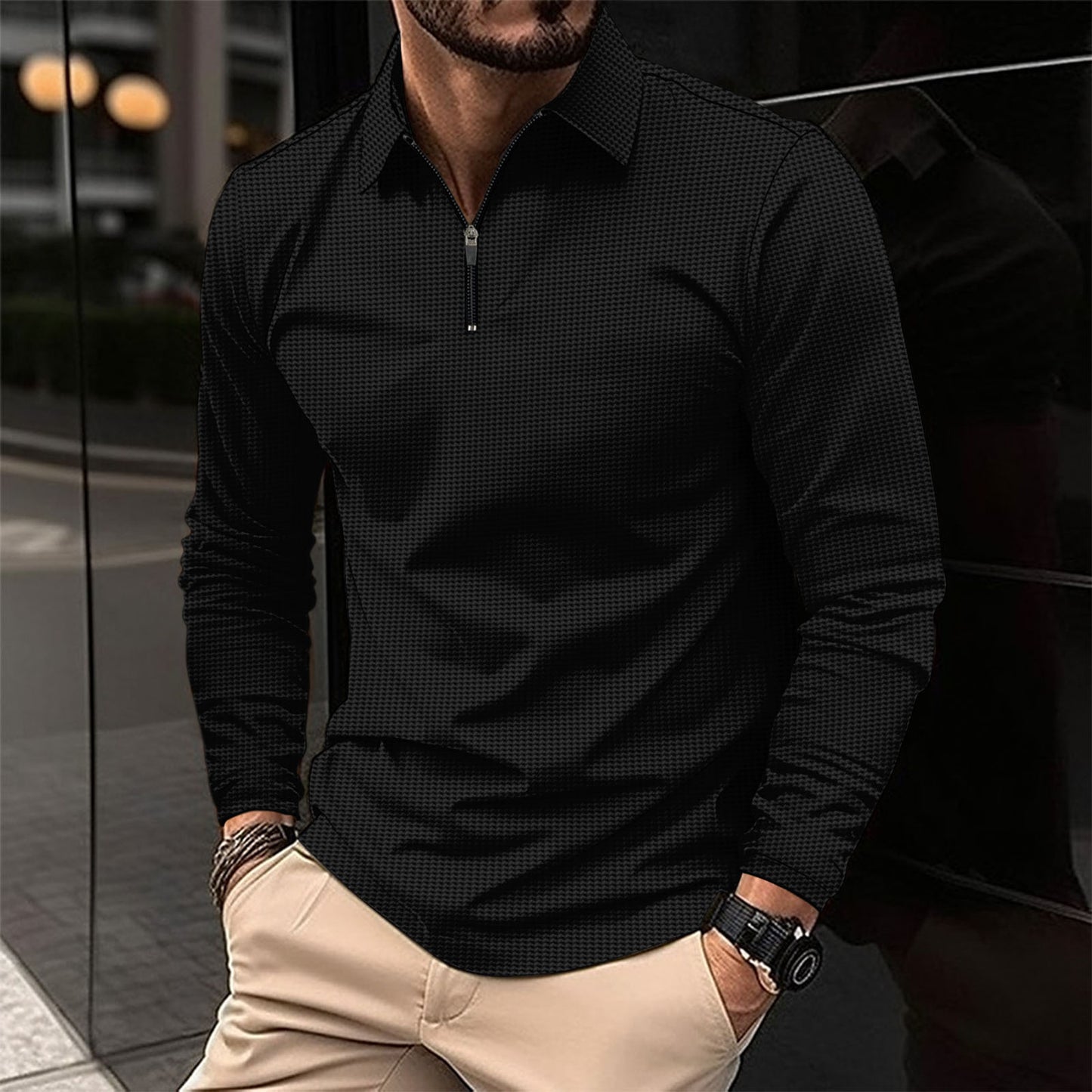 Men's Lapel Fashion Solid Color Waffle Long Sleeve Men's T-Shirt