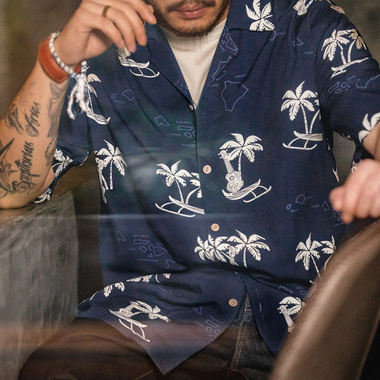 Summer Hawaiian T-Shirt Work Wear Cuban Collar Short Sleeve