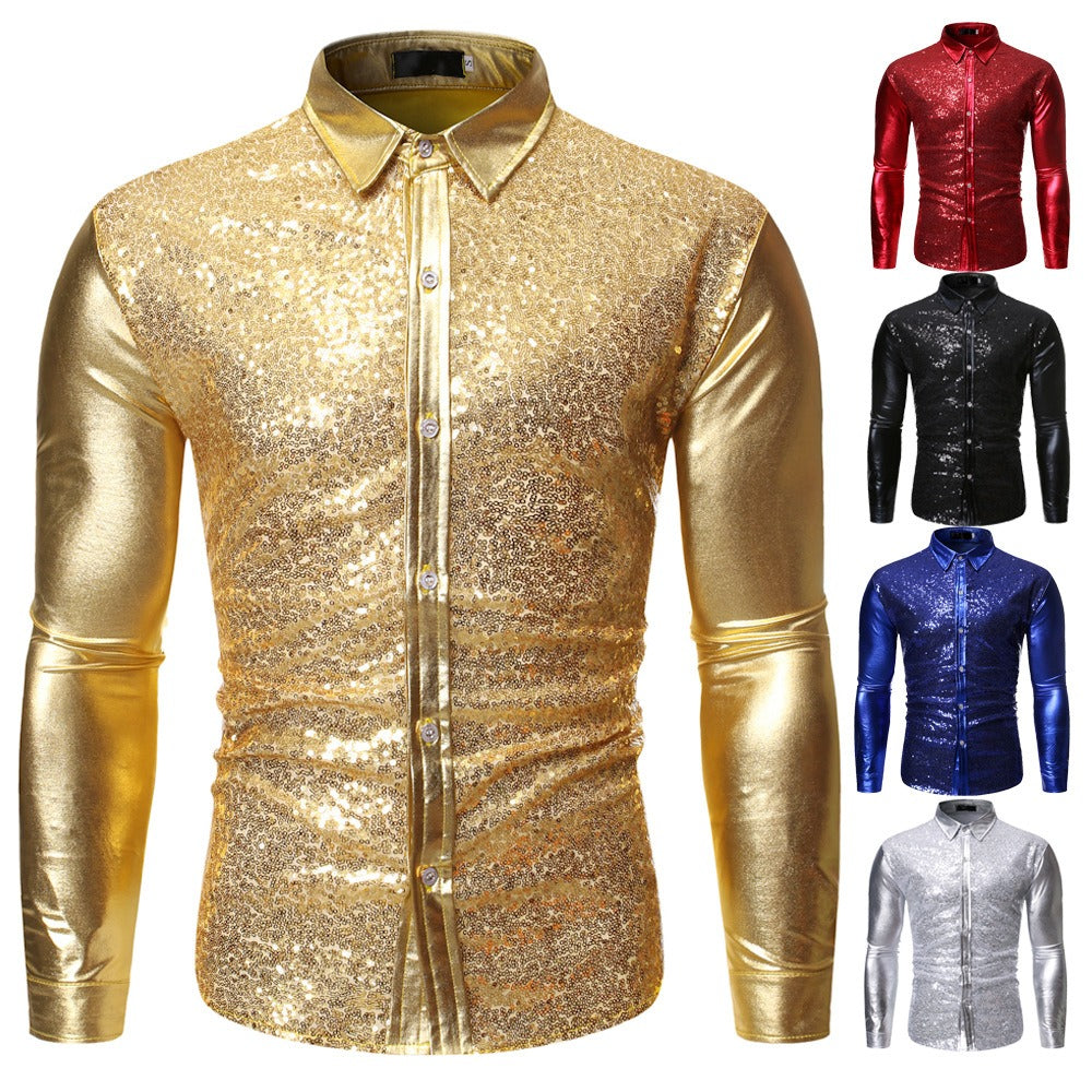 Silver Metallic Sequins Glitter Male Stage Performance Shirt Male