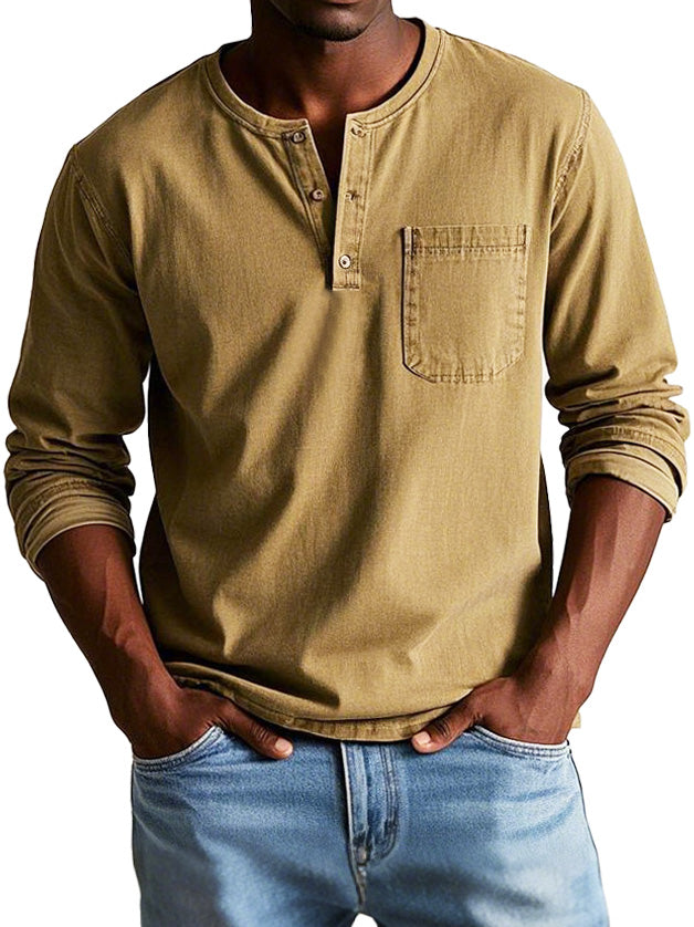 Men's Fashion Vintage Distressed Pocket Long Sleeve Henley Shirt