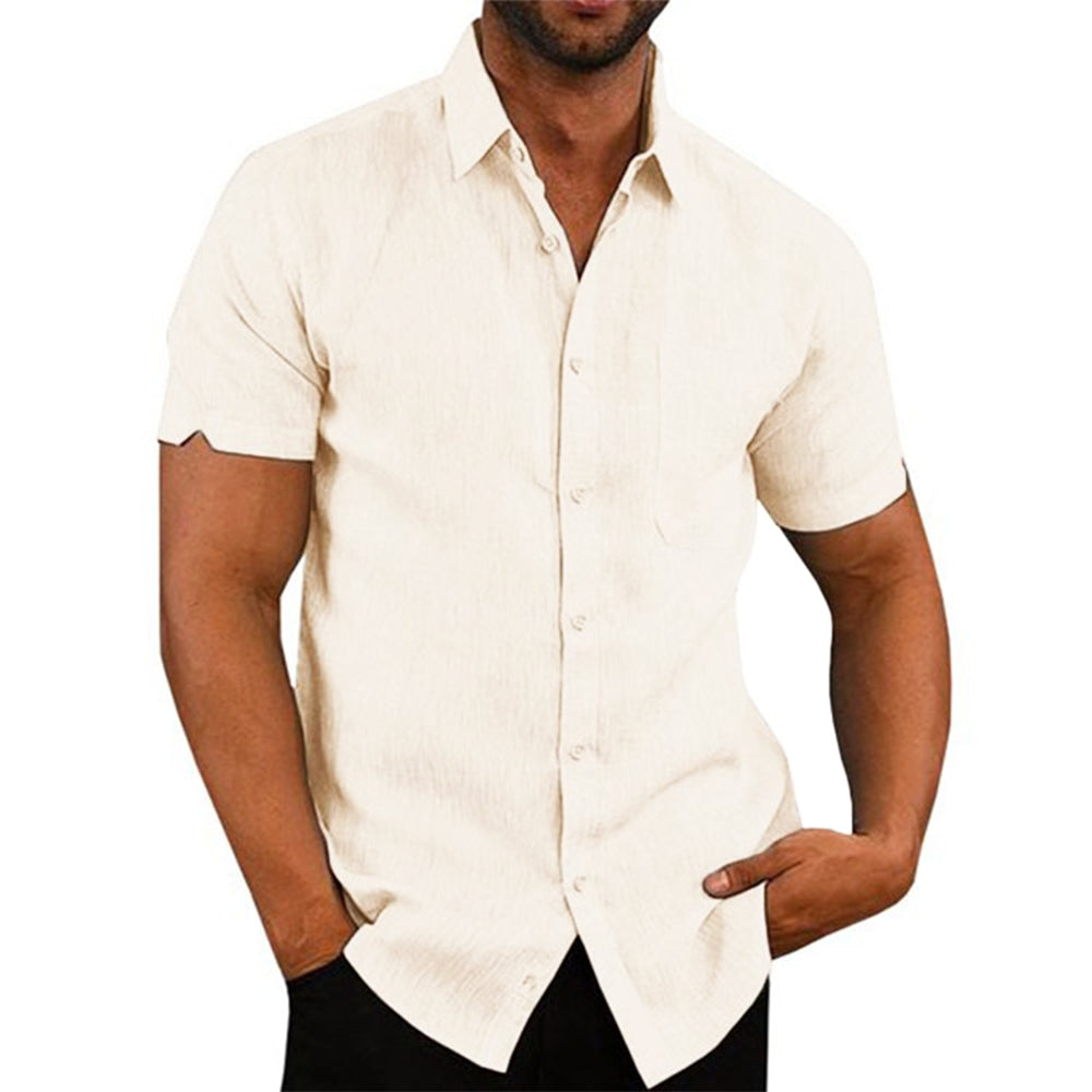 Cotton Linen Male Short-sleeved Shirts Summer Solid Color Turn-down Collar