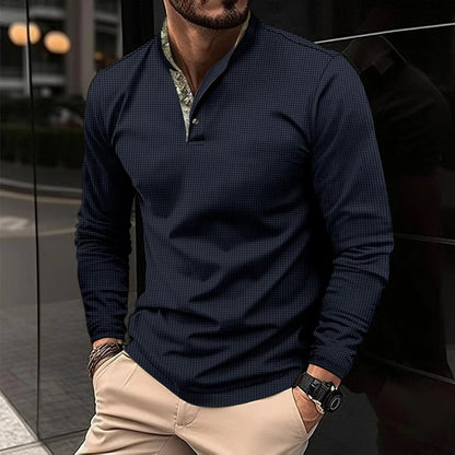 Men's Lapel Fashion Solid Color Waffle Long Sleeve Men's T-Shirt