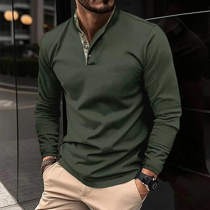 Men's Lapel Fashion Solid Color Waffle Long Sleeve Men's T-Shirt