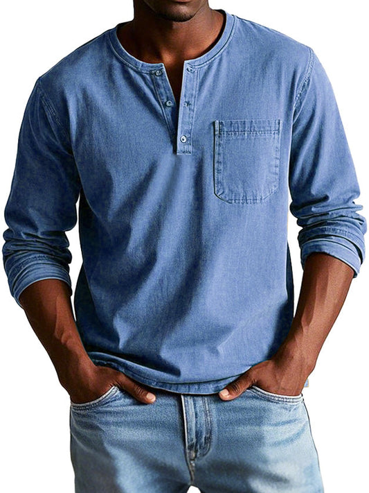 Men's Fashion Vintage Distressed Pocket Long Sleeve Henley Shirt