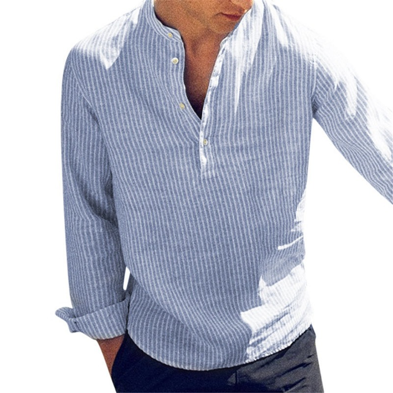 Cotton Long Sleeve Striped Slim Fit Stand Collar Shirt Male Clothes