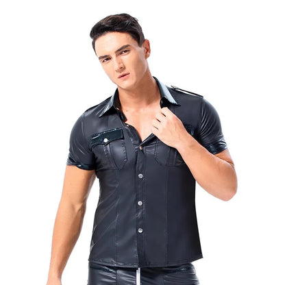 Men's PU Leather T-shirt | Turn-down Collar Button Tee Shirt