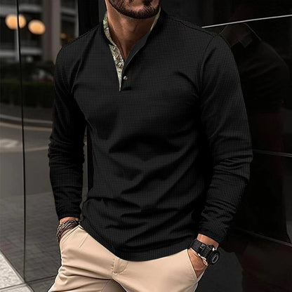 Men's Lapel Fashion Solid Color Waffle Long Sleeve Men's T-Shirt