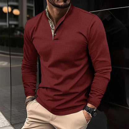 Men's Lapel Fashion Solid Color Waffle Long Sleeve Men's T-Shirt