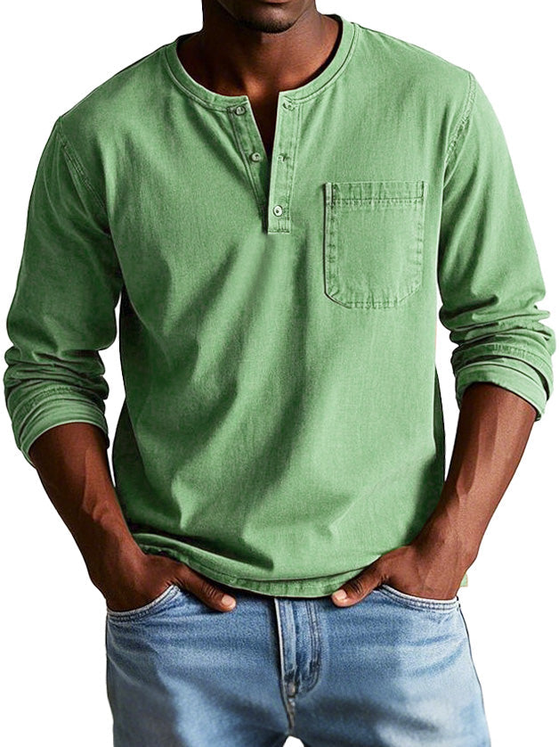 Men's Fashion Vintage Distressed Pocket Long Sleeve Henley Shirt