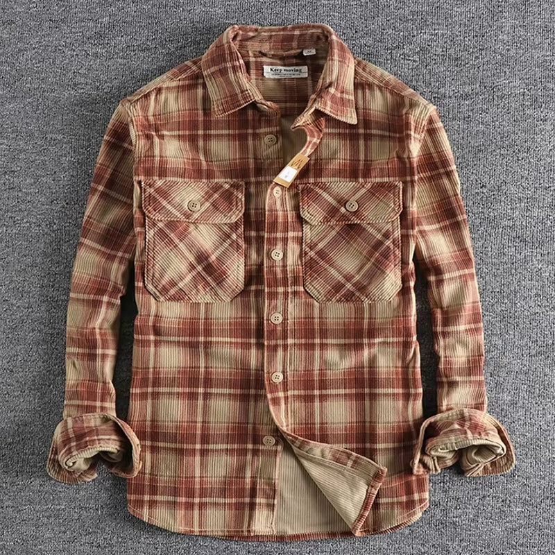 Plaid Woven Corduroy Men Shirts