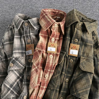 Plaid Woven Corduroy Men Shirts