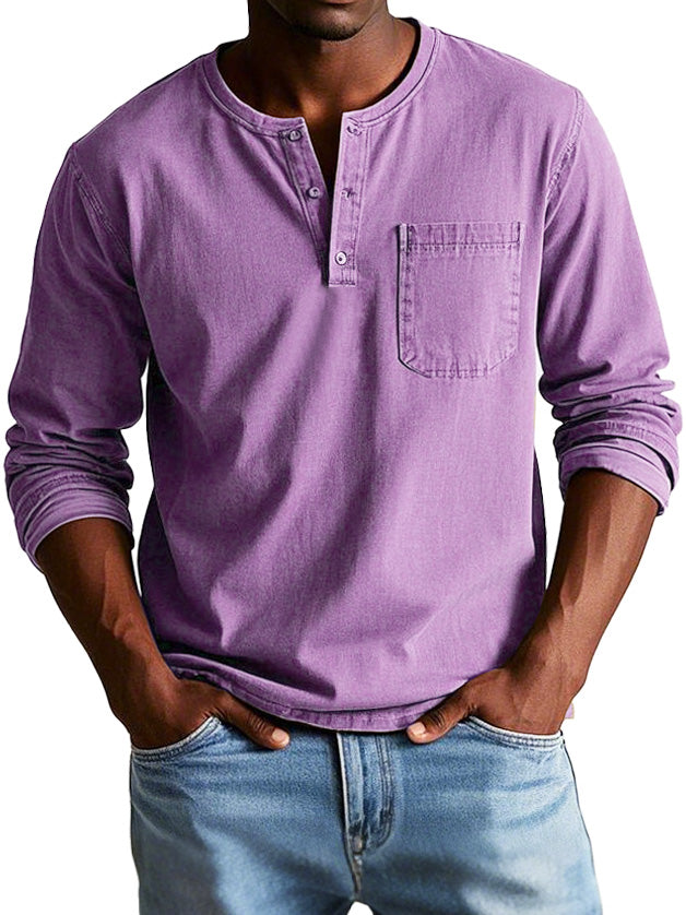 Men's Fashion Vintage Distressed Pocket Long Sleeve Henley Shirt