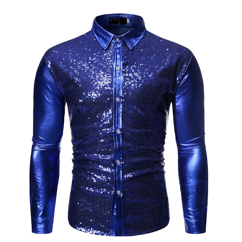 Silver Metallic Sequins Glitter Male Stage Performance Shirt Male