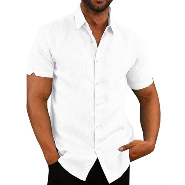 Cotton Linen Male Short-sleeved Shirts Summer Solid Color Turn-down Collar