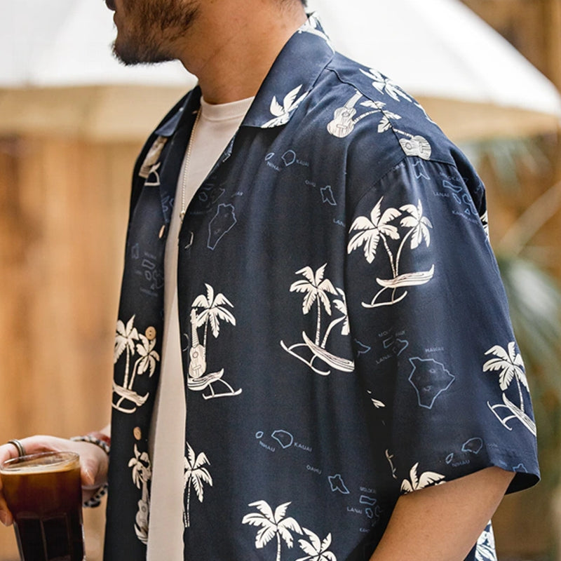 Summer Hawaiian T-Shirt Work Wear Cuban Collar Short Sleeve