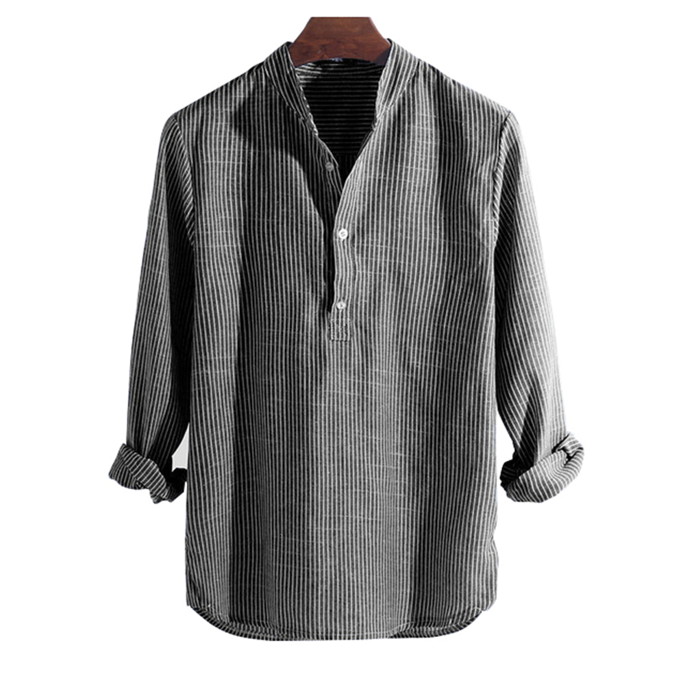 Cotton Long Sleeve Striped Slim Fit Stand Collar Shirt Male Clothes