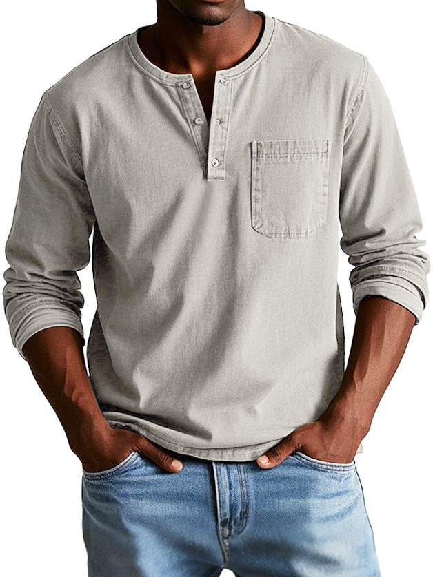 Men's Fashion Vintage Distressed Pocket Long Sleeve Henley Shirt