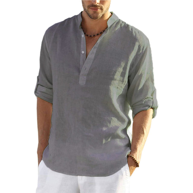 Men's Casual Blouse Cotton Linen Shirt Loose Tops Long Sleeve