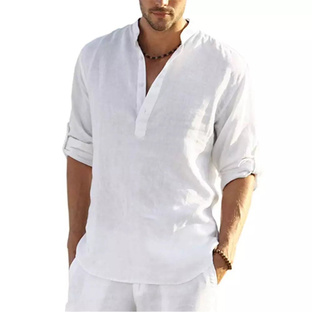 Men's Casual Blouse Cotton Linen Shirt Loose Tops Long Sleeve