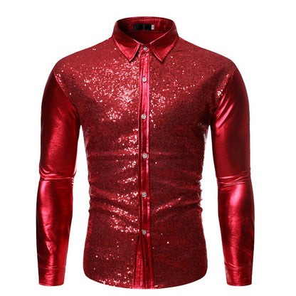 Silver Metallic Sequins Glitter Male Stage Performance Shirt Male