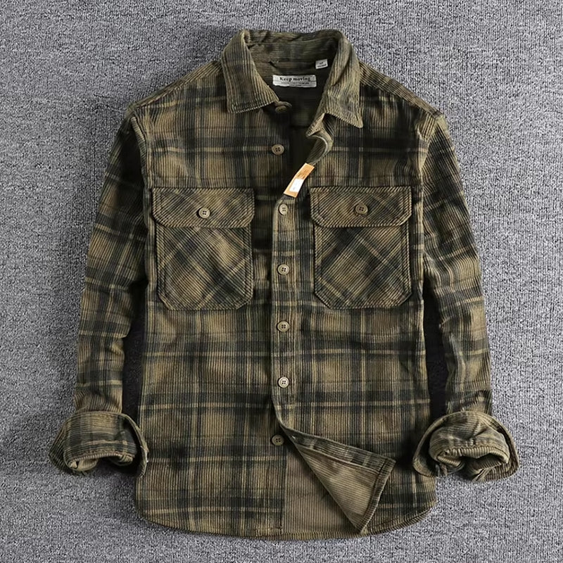 Plaid Woven Corduroy Men Shirts