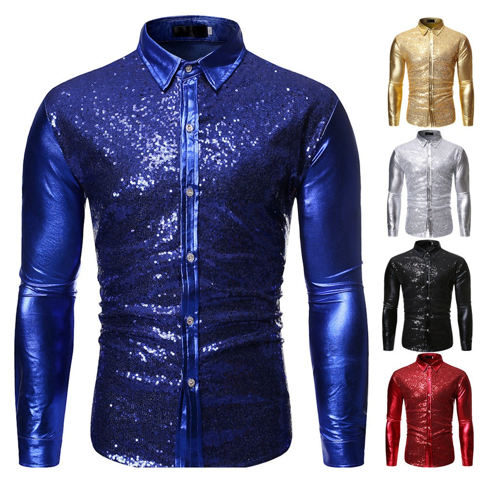 Silver Metallic Sequins Glitter Male Stage Performance Shirt Male