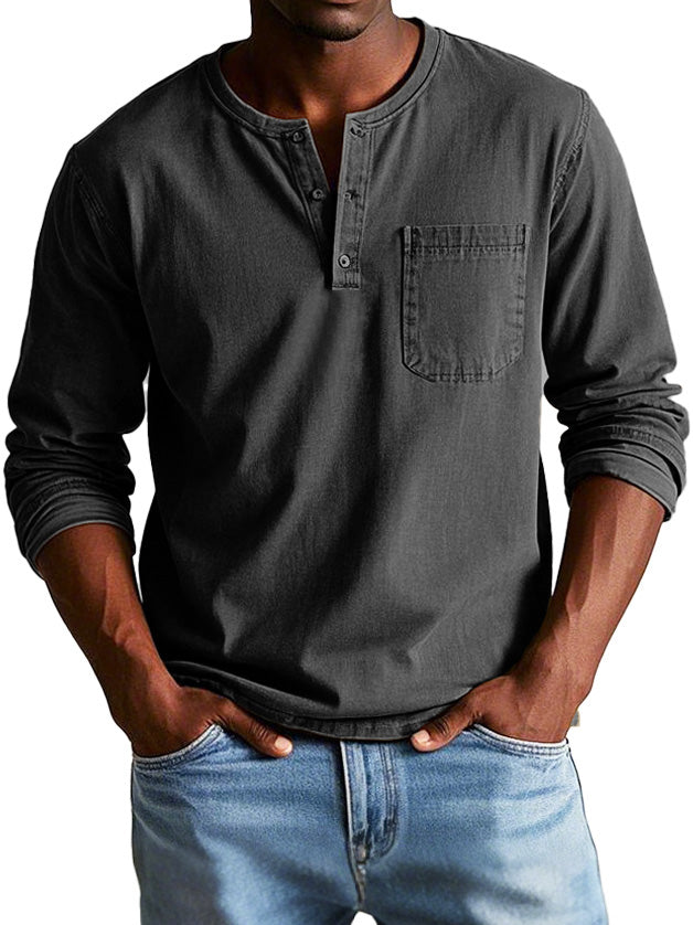 Men's Fashion Vintage Distressed Pocket Long Sleeve Henley Shirt