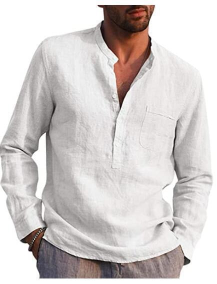 Men's Long Sleeve V-Neck Casual Faux Linen Shirt