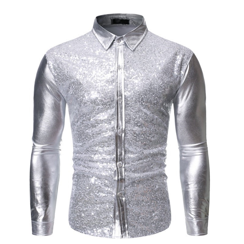 Silver Metallic Sequins Glitter Male Stage Performance Shirt Male