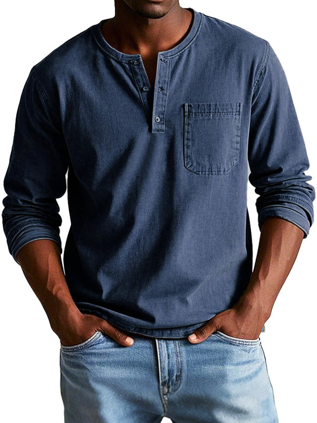 Men's Fashion Vintage Distressed Pocket Long Sleeve Henley Shirt