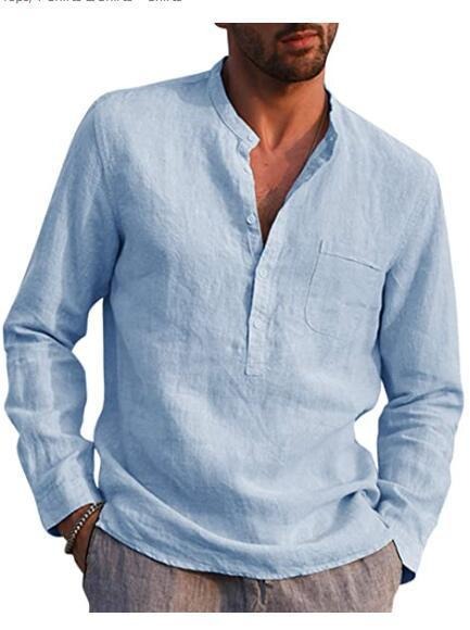 Men's Long Sleeve V-Neck Casual Faux Linen Shirt