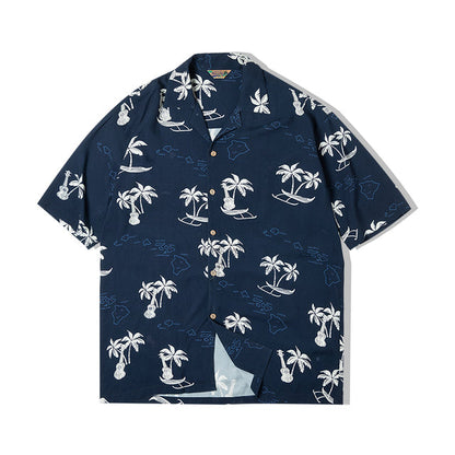 Summer Hawaiian T-Shirt Work Wear Cuban Collar Short Sleeve