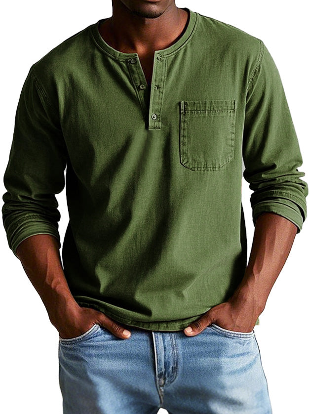 Men's Fashion Vintage Distressed Pocket Long Sleeve Henley Shirt