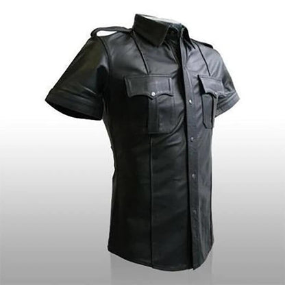 Men's PU Leather T-shirt | Turn-down Collar Button Tee Shirt