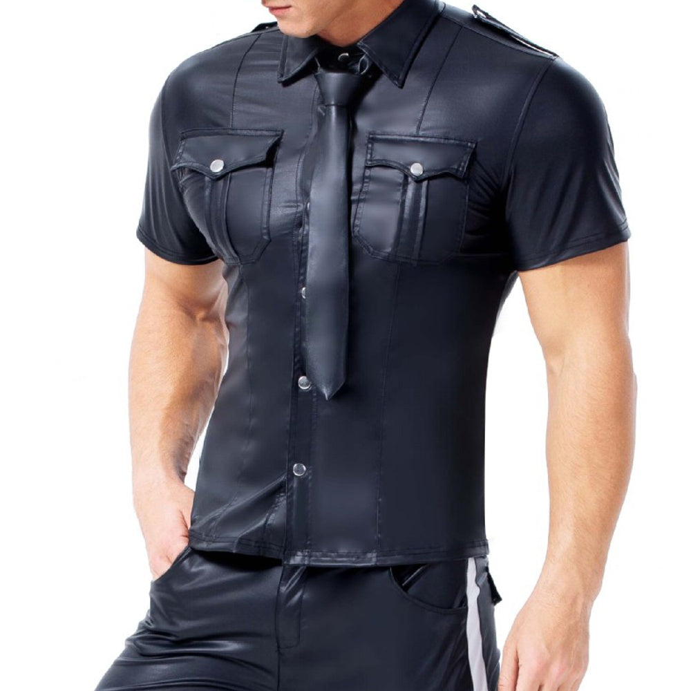 Men's PU Leather T-shirt | Turn-down Collar Button Tee Shirt