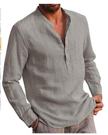 Men's Long Sleeve V-Neck Casual Faux Linen Shirt