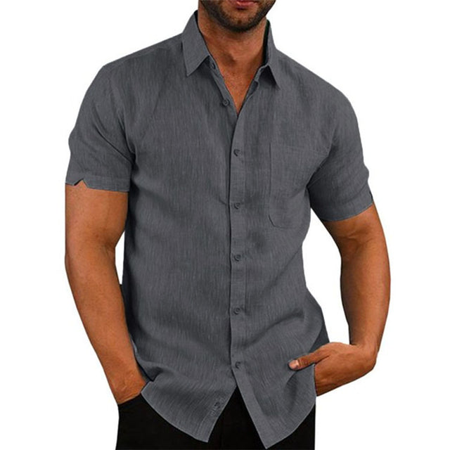 Cotton Linen Male Short-sleeved Shirts Summer Solid Color Turn-down Collar