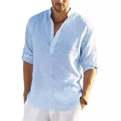 Men's Casual Blouse Cotton Linen Shirt Loose Tops Long Sleeve