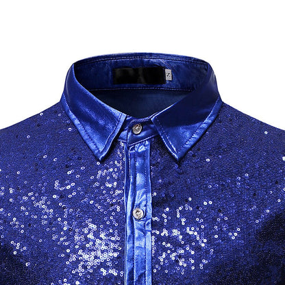 Silver Metallic Sequins Glitter Male Stage Performance Shirt Male