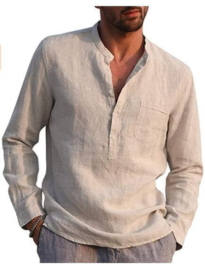 Men's Long Sleeve V-Neck Casual Faux Linen Shirt